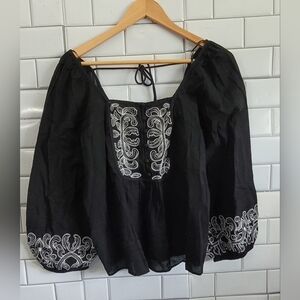 Calligraphie Ladies Black 100% Cotton Top Blouse Cropped White Embroidered Detai